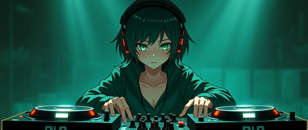 anime, DJ Girl, DJ, DJ girl, Headphones, Highly praised, (Best image quality),masterpiece,Highest quality,extremely detailed CG wallpaper, Ultra_detailed,(Cinema Lighting:1.1), (Cold Face), Green Eyes, One person, alone, Dark Green_hair, short_hair, masterpiece, Highest quality, Glasses