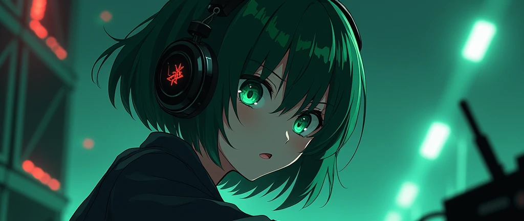 anime, DJ Girl, DJ, DJ girl, Headphones, Highly praised, (Best image quality),masterpiece,Highest quality,extremely detailed CG wallpaper, Ultra_detailed,(Cinema Lighting:1.1), (Cold Face), Green Eyes, One person, alone, Dark Green_hair, short_hair, masterpiece, Highest quality, Glasses