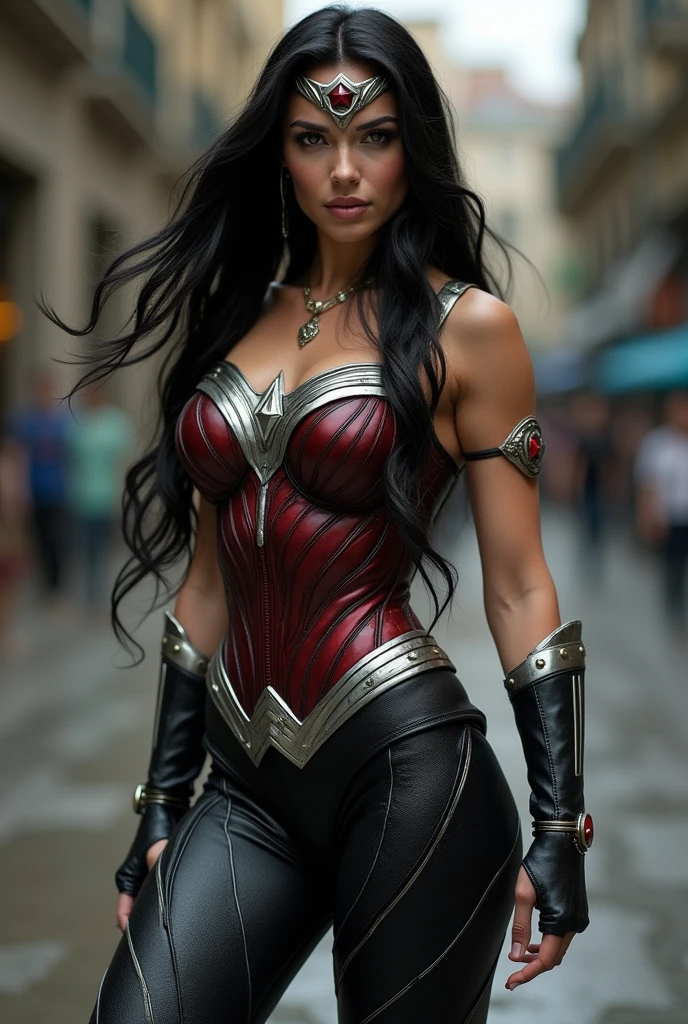 A beautiful woman with long black hair under the mantle of the Amazon warrior Wonder Woman in a black leather suit that covers her entire body with tiny scales all over the suit Red Wonder Woman corset with a silver-colored metal diaema with a red star in the middle of the diaema Silver-colored metal bracelets Black boots fitted to the suit (((without cape)))