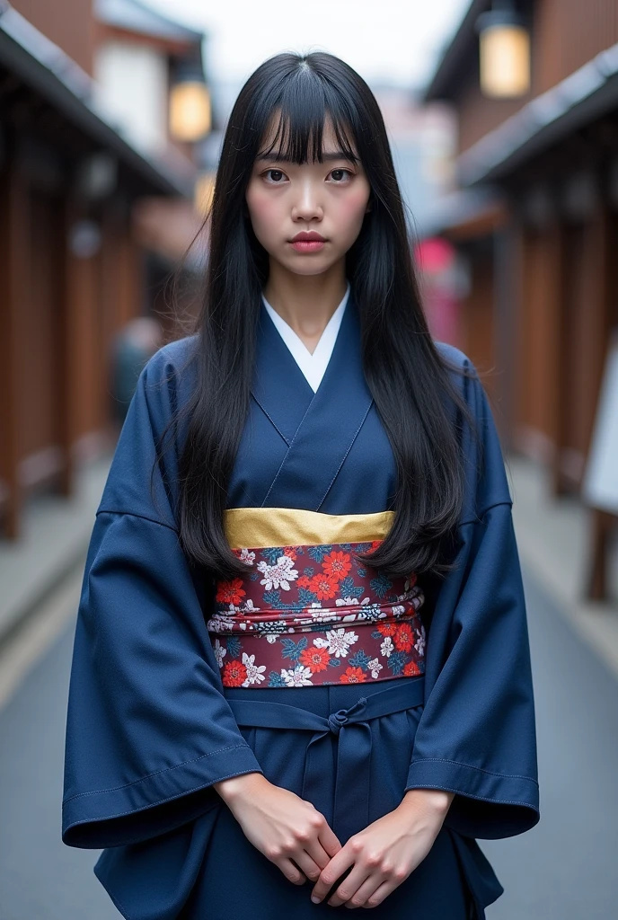 28歳のJapan人女性、Navy blue kimono、The whole body is shown、The eyes are double、Not facing the front、 Japan、Kyoto temple road、Being photographed、Medium-long black hair
