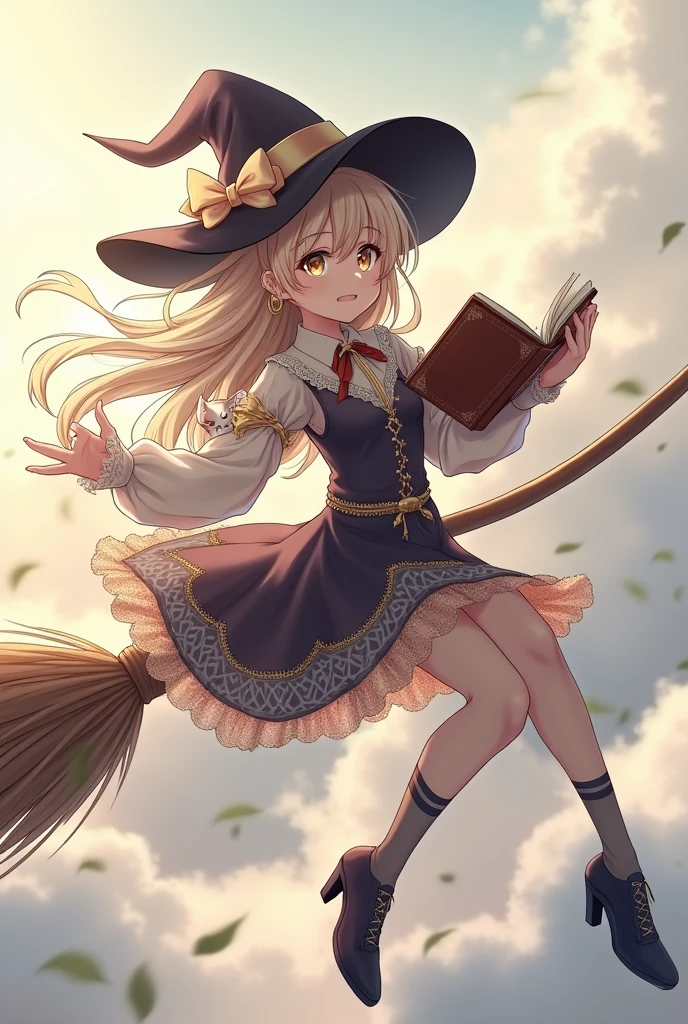 witch flying on a broom with a book and a cat, sorcerer magic witch, classical witch, anime style, from girls frontline, fine details. girls frontline, girls frontline universe, girls frontline style, girls frontline, girls frontline cg, soft anime illustration, 2 0 2 2 anime style, 2022 anime style, pixiv contest winner, pretty anime character design, render of april