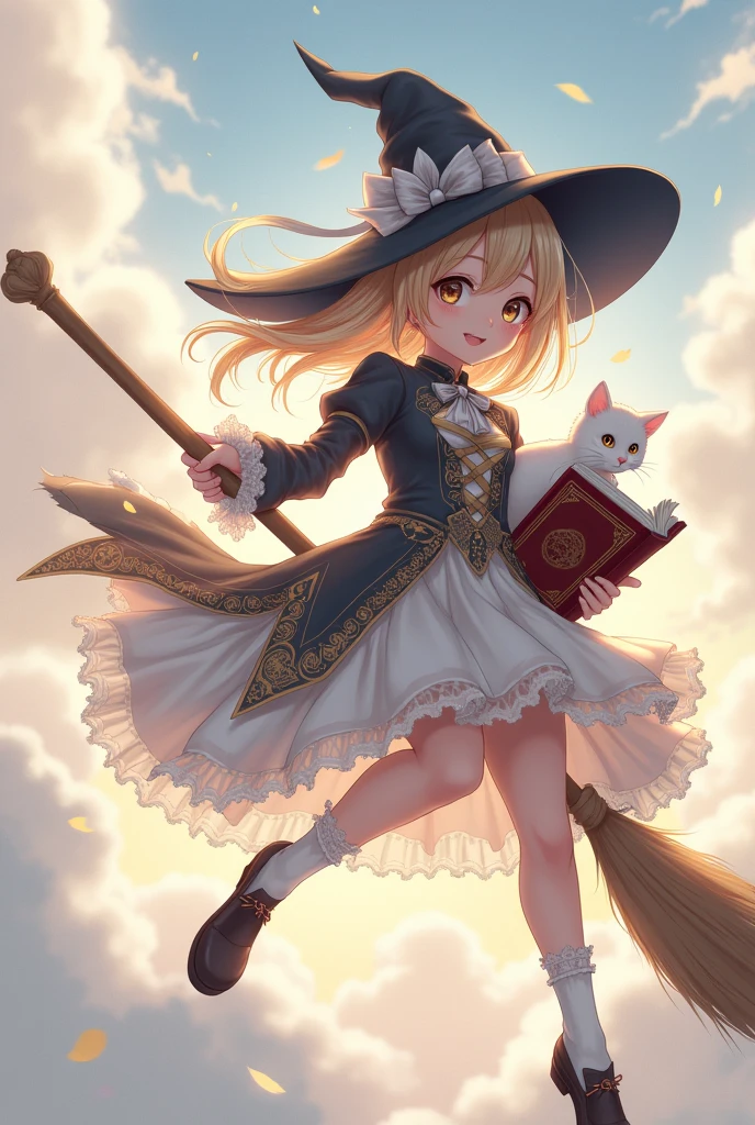 witch flying on a broom with a book and a cat, sorcerer magic witch, classical witch, anime style, from girls frontline, fine details. girls frontline, girls frontline universe, girls frontline style, girls frontline, girls frontline cg, soft anime illustration, 2 0 2 2 anime style, 2022 anime style, pixiv contest winner, pretty anime character design, render of april