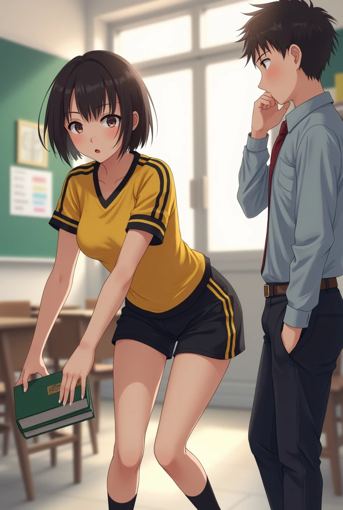 1 girl with almost short hair wearing a yellow short-sleeved uniform shirt with black stripes on the shoulders and short black mini shorts with yellow stripes on the sides and made of synthetic material and she drops her books and bends down to pick them up and she looks good assed and sexy and a boy looks at her sexily and she looks good assed and sexy and with a big butt