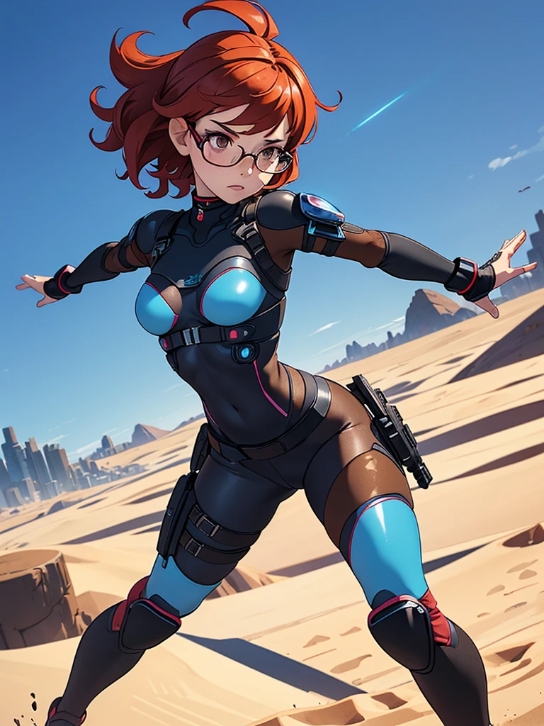 (masterpiece), (best quality), ((one girl)),alone, red hair,((brown eyes)),short curly hair, anime style, freckles, (small breast) (petite figure), blue and black cyberpunk outfit, leggings, knee pads, battle outfit, legs((desert background)), glasses