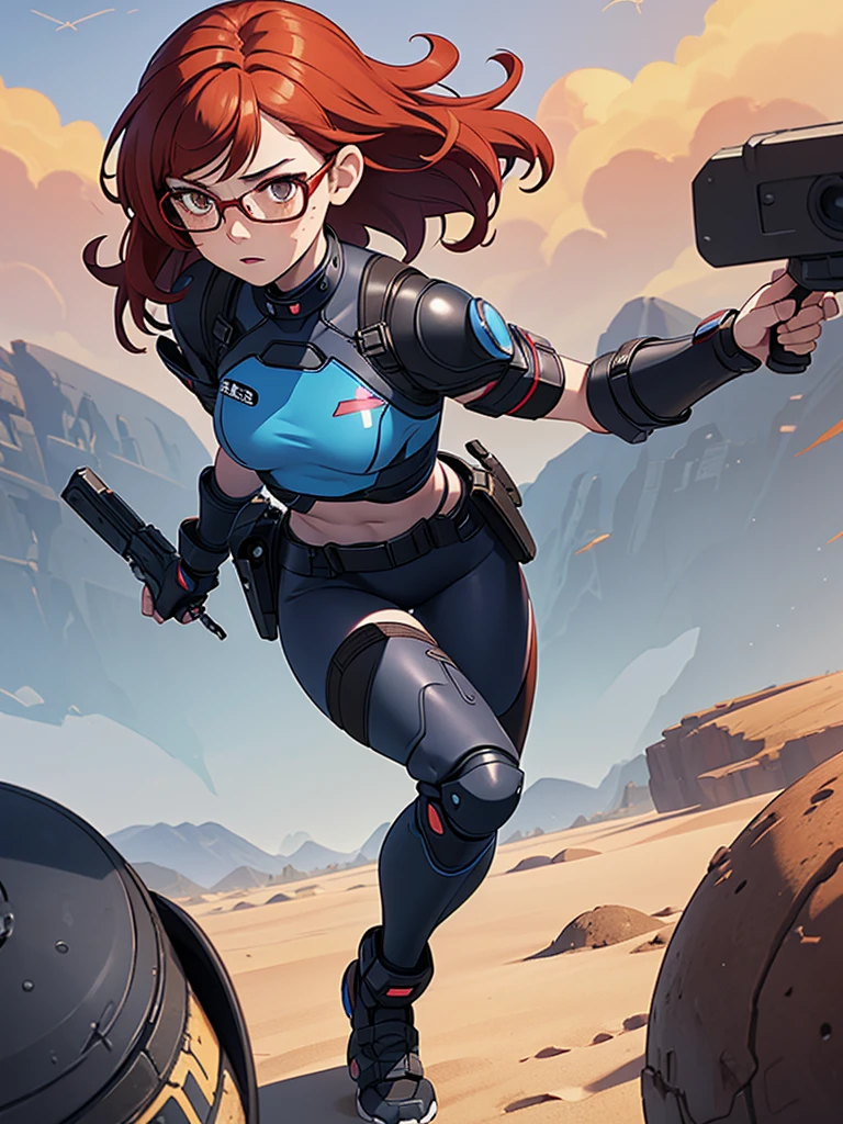 (masterpiece), (best quality), ((one girl)),alone, red hair,((brown eyes)),short curly hair, anime style, freckles, (small breast) (petite figure), blue and black cyberpunk outfit, leggings, knee pads, battle outfit, legs((desert background)), glasses