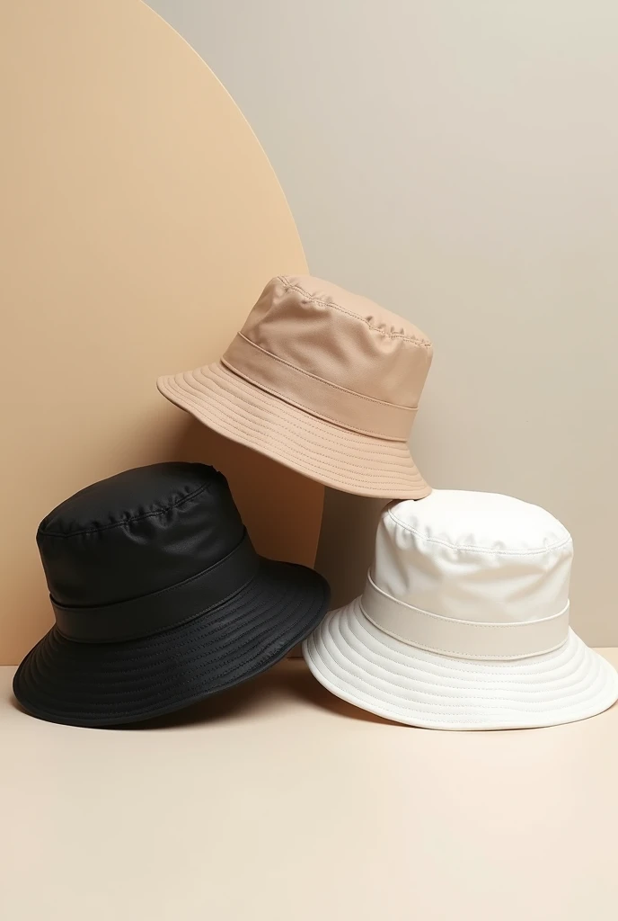 Black ,beige and white bucket hats create as an advertisement 