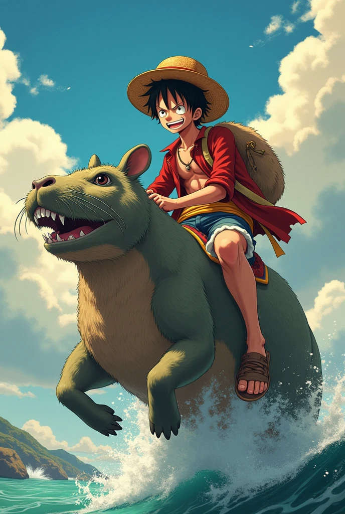 Create a luffy riding a capybara to go defeat Nicholas maduro, but put mature Nicolas on top of an axolotl