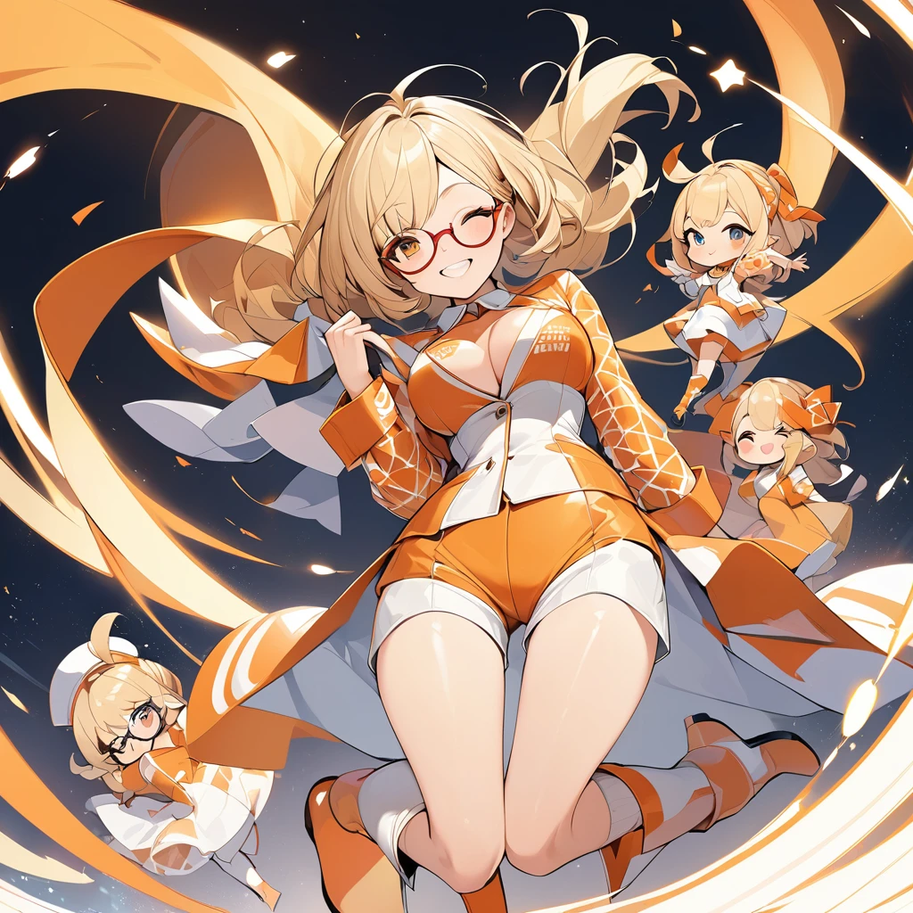 Illustration of a grid girl with short blonde hair and glasses。Characters are dressed as grid girls。The costume is a shiny orange and white costume.、The top is short。Orange and white pattern on sleeves、Bottoms are tight shorts。On her feet she wears orange high-heeled boots.。Have a cheerful and confident smile。Simple white background。