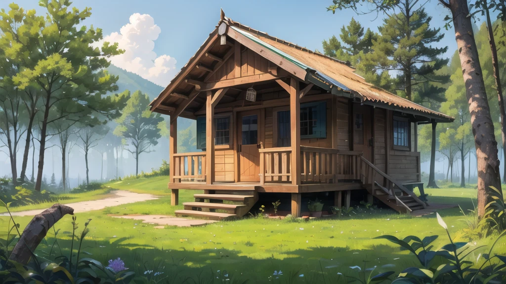 In the middle of the forest, daytime, hut