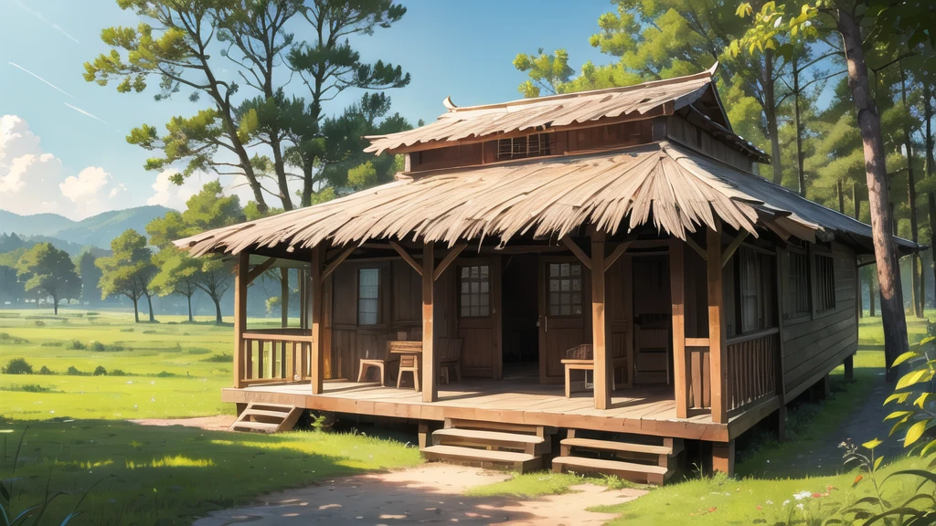 In the middle of the forest, daytime, hut