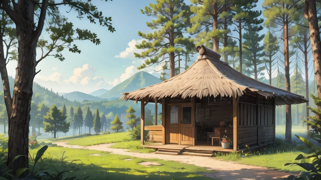 In the middle of the forest, daytime, hut