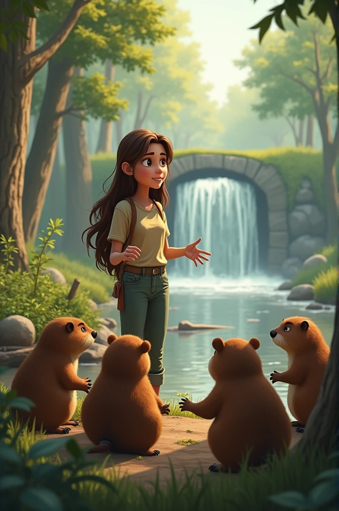 Lila talking to a group of beavers at the dam, explaining the situation and gesturing toward the river, with a collaborative atmosphere