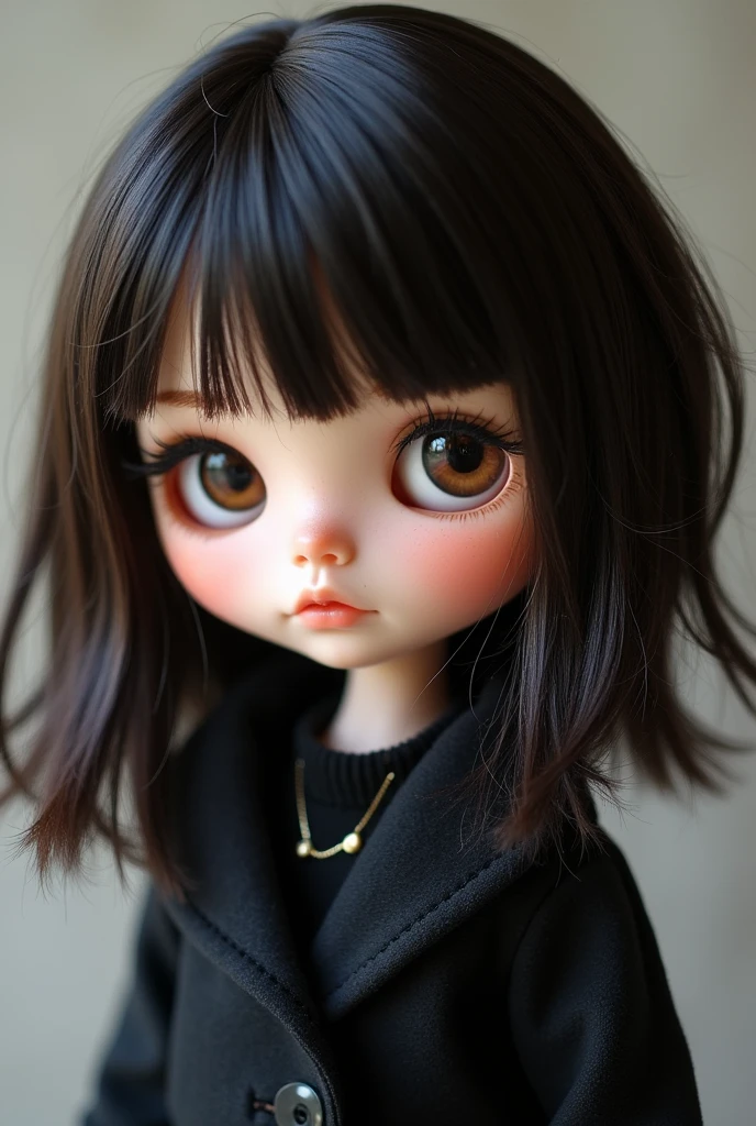 Half Asian and German Blythe doll with black hair at the cone of the hair, dark brown hair, dark brown eyes, long shoulder length hair, no freckles , wide face with cheeks but not fat. Middle length hair, middle body size M