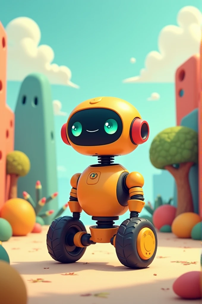 A robot without arms, with three wheels, with a round head, round eyes and it looks like a cartoon