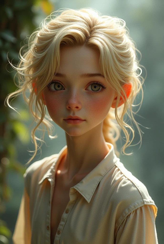 Tall boy with wavy blond hair,long,tied in an onion,with locks and bangs out,not too thin,not very fat,wine eyes,clear skin