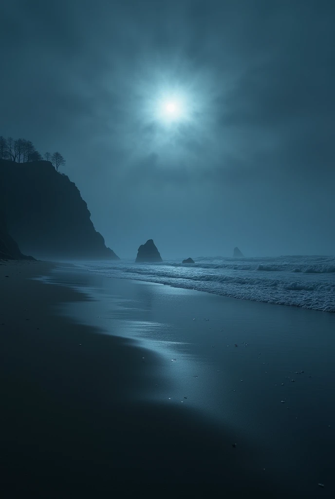 a deserted beach at night, empty, foggy beach (best quality,4k,8k,highres,masterpiece:1.2),ultra-detailed,(realistic,photorealistic,photo-realistic:1.37),HDR,UHD,studio lighting,ultra-fine painting,sharp focus,physically-based rendering,extreme detail description,professional,vivid colors,bokeh,dramatic lighting,chiaroscuro,dark shadows,dramatic atmosphere