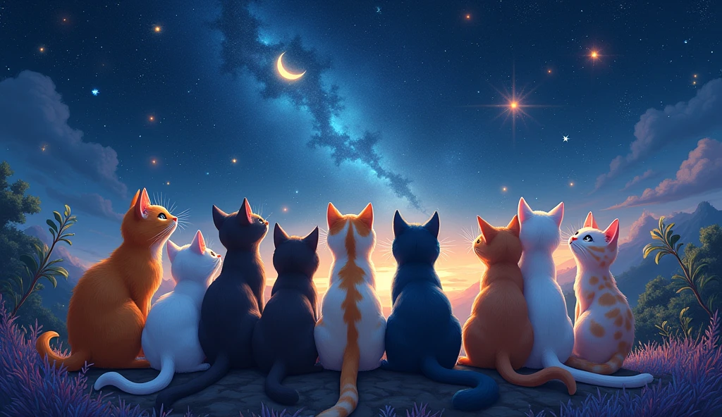 give me a group of cats of different colors in astral time with a sky full of stars and a beautiful moon