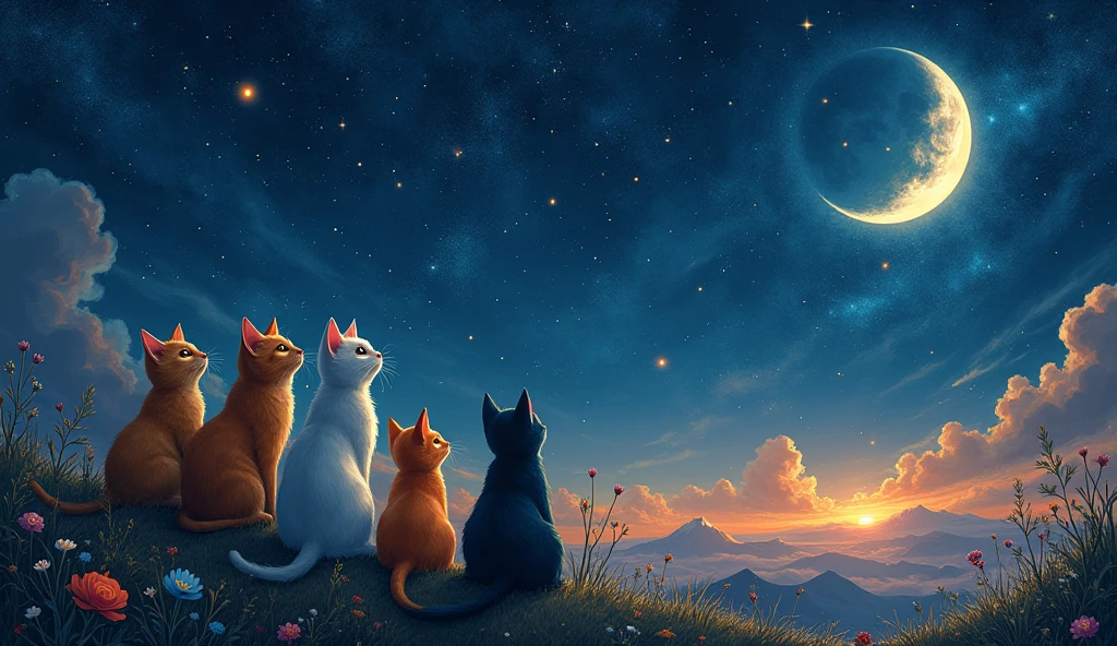 give me a group of cats of different colors in astral time with a sky full of stars and a beautiful moon