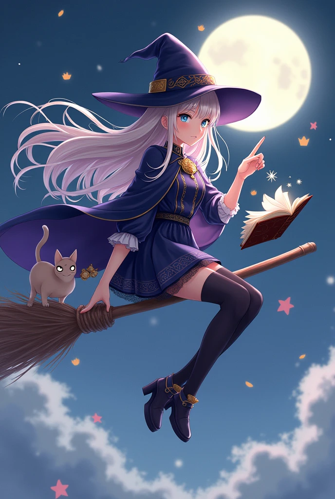 witch flying on a broom with a book and a cat, sorcerer magic witch, classical witch, anime style, from girls frontline, girls frontline, girls frontline universe, girls frontline style, girls frontline, girls frontline cg, soft anime illustration, 2 0 2 2 anime style, 2022 anime style, pixiv contest winner, pretty anime character design, render of april