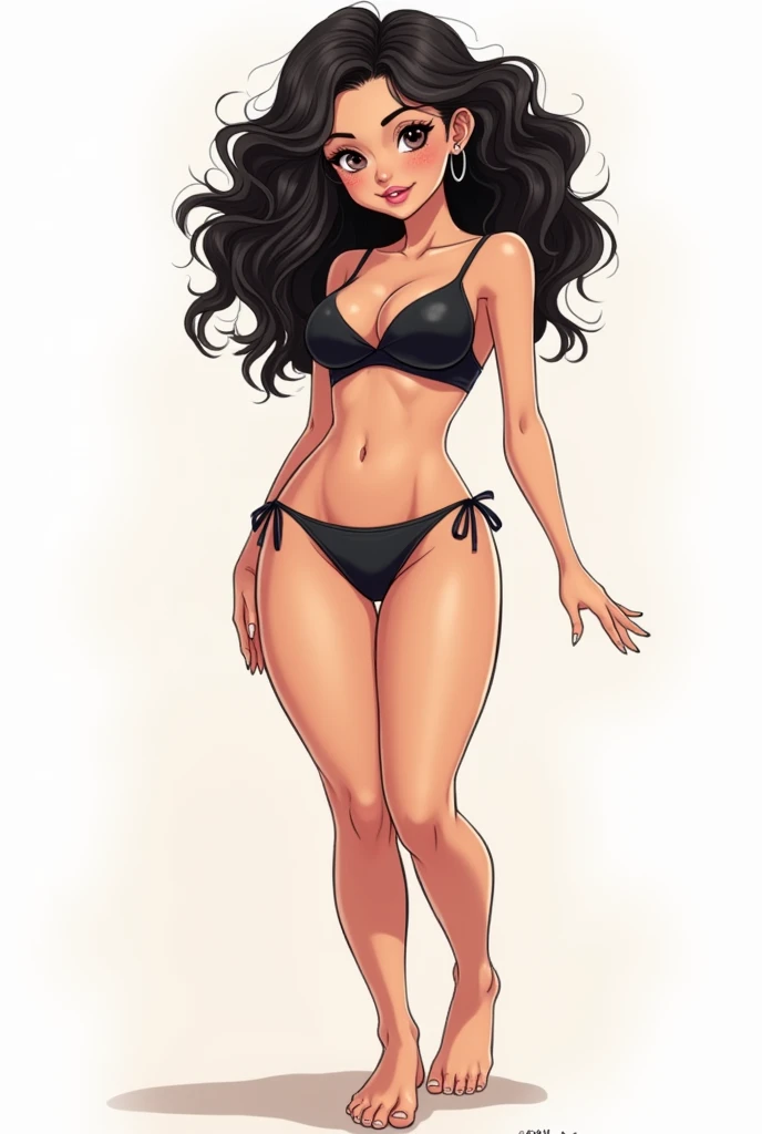 Line art, A cute girl posing, black hair, puffy hair, curly hair, cute, blushing, big eyes, thick thighs, thick, big breasts, thighs , wearing black crop-top and thong, clean face, tan skin, thick thighs,