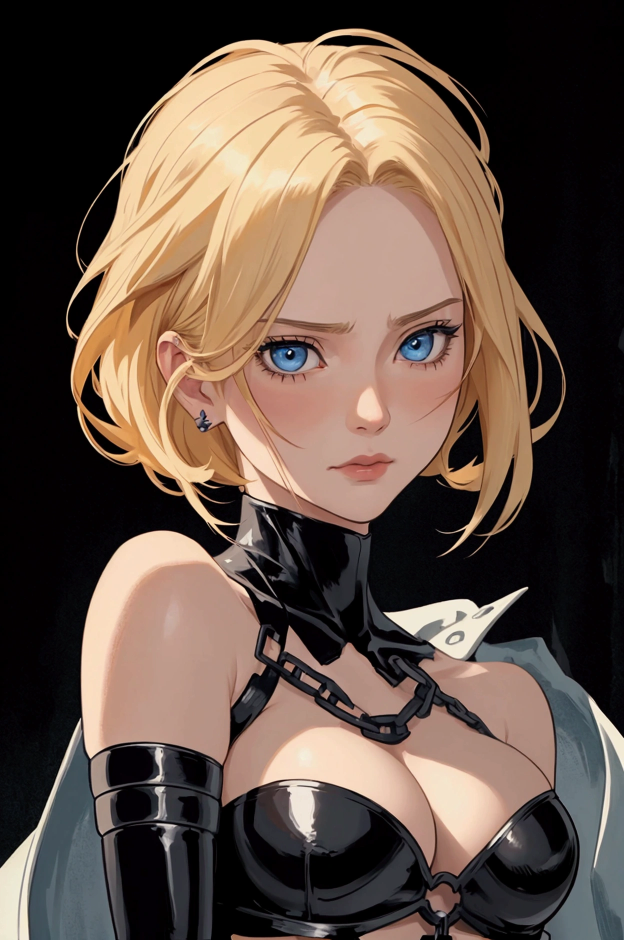 Generate a highly detailed anime-style portrait of a female character with short, blonde hair and sharp blue eyes. The art should feature expressive, semi-realistic facial features with subtle yet painterly shading. The character should be a mysterious and confident vibe. Her expression is neutral, with a slight smirk, and she wears black gloves that reflect a sleek, glossy texture. shackles and chains on her limbs, showing that she is a slave. The background should have a rich, deep red color with soft, abstract brush strokes. The overall style should blend realism with anime aesthetics, using bold outlines, detailed facial features, and dramatic lighting to create a moody and atmospheric scene. The color palette should be vibrant yet harmonized, with strong contrast between the character and the background. make her sad for be a slave. She's hurt and have one scar in her face with blood