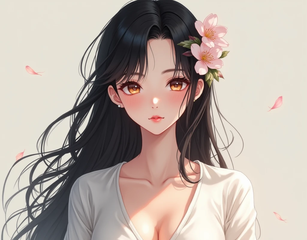 Anime, Realistic Shadows, Detailed skin, Very small breasts, Black Hair, Very detailed, 8kのVery detailedな顔, perfect face shape, Perfect Lips, Perfect Nose, Correct beautiful eyes, Audience, White shirt, Hair Flowers, masterpiece, Highest quality, Single women, Very good, No panties, alone
