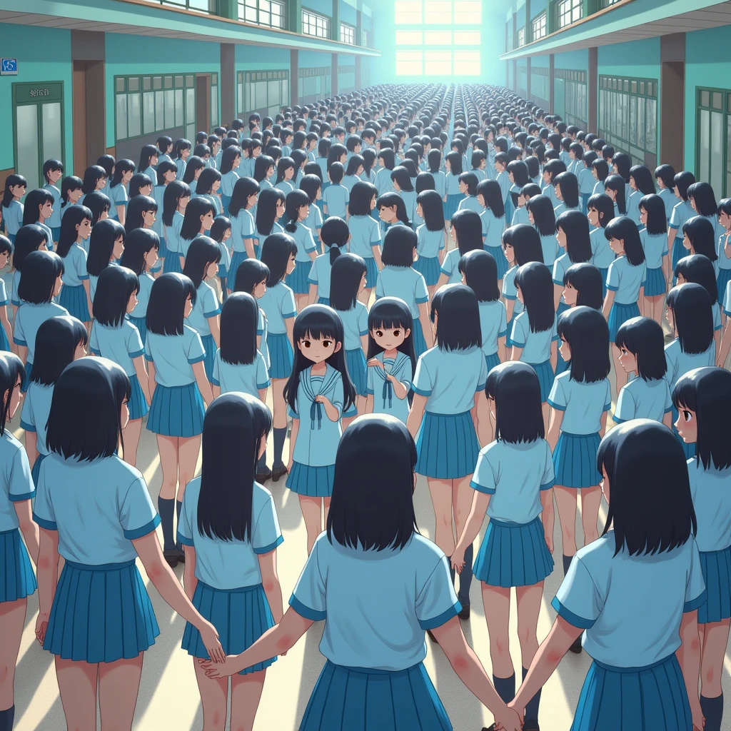 (((((Japanese Clone-girls=Myself))))), (((Super Best Perfect Clone-girls Raw Photography Art))), (((16K, Highest quality, Ultra-high resolution, Real Photography, RAW quality))), (((It's so unrealistic., An astonishing world view, With an unfathomable sight, In an out-of-this-world situation, In a world where Myself Clone-girls are multiplying in large numbers, Ultra-realistic, Delusion))), (((Japanese Girls, hashimoto-kanna, , Small face, Thick black hair, Semi-long hair, Dark Eyes, Matue, Cute Smile, Smiling face, A gentle gaze, (((Very happy laughter)))))), (((Very beautiful detailed girls, Accurate body structure, Accurate body movements, Very detailed body, (((Big Breast))), (((Summer Girls' School Uniform, Light blue shirt, I can see the cleavage, Big Breasts and whiteni skirt))), ((((((((Very detailed, Myself cloning, Depiction of splitting oneself, 1Myself girl-cloning-1,000,000,000,000,000,000,000,000,000,000Myself clone-girls)))))))), (((((((Very detailed clone depiction, (((The same perfect female body as Myself, Myself and the same perfect face, Perfect same hairstyle as Myself, Myself and the perfect same outfit, Perfect height with myself, Myself and perfect J-Cup)))))))))), (((((Myself clone-girls only))))), (((((1,000,000,000,000,000,000,000,000,000,000Myself clone-girls))))), (((Very detailed, Extremely crowded, Body-to-body contact with no gaps))), (Bright and soft lighting), (((((Clear and accurate perspective depiction, super wide view, Ultra-wide field of view, Focus on the average value of the image))))), (((((Thousands of Myselves, With very detailed depiction, Physical contact, Pleasant conversation, Holding hands, Hug))))), School building, classroom, corridor, Lounge, Atrium Hall, spiral stage, Elevator, gym, School Assembly, after school