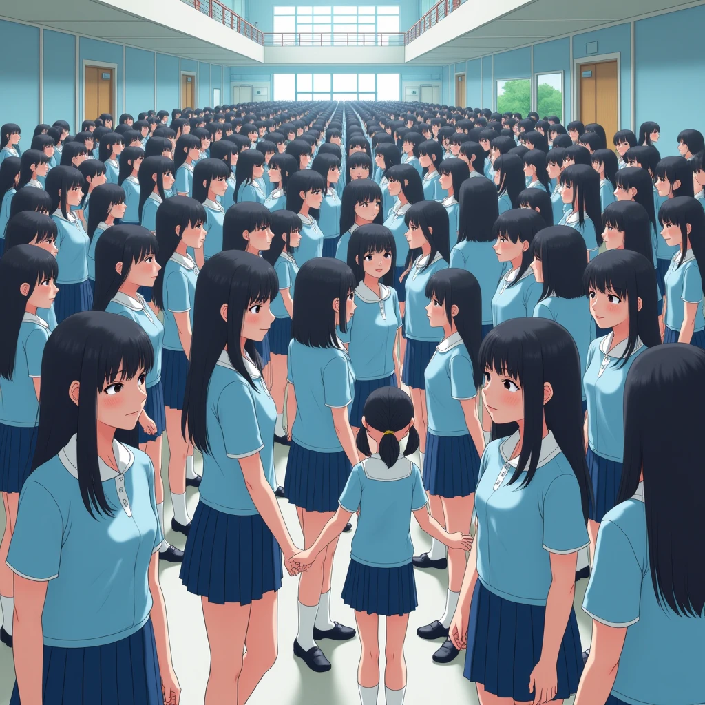 (((((Japanese Clone-girls=Myself))))), (((Super Best Perfect Clone-girls Raw Photography Art))), (((16K, Highest quality, Ultra-high resolution, Real Photography, RAW quality))), (((It's so unrealistic., An astonishing world view, With an unfathomable sight, In an out-of-this-world situation, In a world where Myself Clone-girls are multiplying in large numbers, Ultra-realistic, Delusion))), (((Japanese Girls, hashimoto-kanna, 17yo, Small face, Thick black hair, Semi-long hair, Dark Eyes, Mature face, Cute Smile, Smiling face, A gentle gaze, (((Very happy laughter)))))), (((Very beautiful detailed girls, Accurate body structure, Accurate body movements, Very detailed body, (((Big Breasts, J-Cup)))))), (((Summer Girls' School Uniform, Light blue shirt, I can see the cleavage, Big Breasts強調, blue and white striped mini skirt))), ((((((((Very detailed, Myself cloning, Depiction of splitting oneself, 1Myself girl-cloning-1,000,000,000,000,000,000,000,000,000,000Myself clone-girls)))))))), (((((((Very detailed clone depiction, (((The same perfect female body as Myself, Myself and the same perfect face, Perfect same hairstyle as Myself, Myself and the perfect same outfit, Perfect height with myself, Myself and perfect J-Cup)))))))))), (((((Myself clone-girls only))))), (((((1,000,000,000,000,000,000,000,000,000,000Myself clone-girls))))), (((Very detailed, Extremely crowded, Body-to-body contact with no gaps))), (Bright and soft lighting), (((((Clear and accurate perspective depiction, super wide view, Ultra-wide field of view, Focus on the average value of the image))))), (((((Thousands of Myselves, With very detailed depiction, Physical contact, Pleasant conversation, Holding hands, Hug))))), School building, classroom, corridor, Lounge, Atrium Hall, spiral stage, Elevator, gym, School Assembly, after school