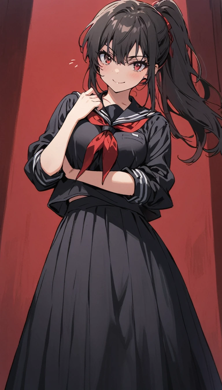 high school girl　beauty　Black Hair　ponytail　Red mesh hair　smile　Glare　frivolous attitude　Glaring at me　Black Sailor Suit　Long skirt　Roll up your sleeves　belly button　Cross your arms　Alley