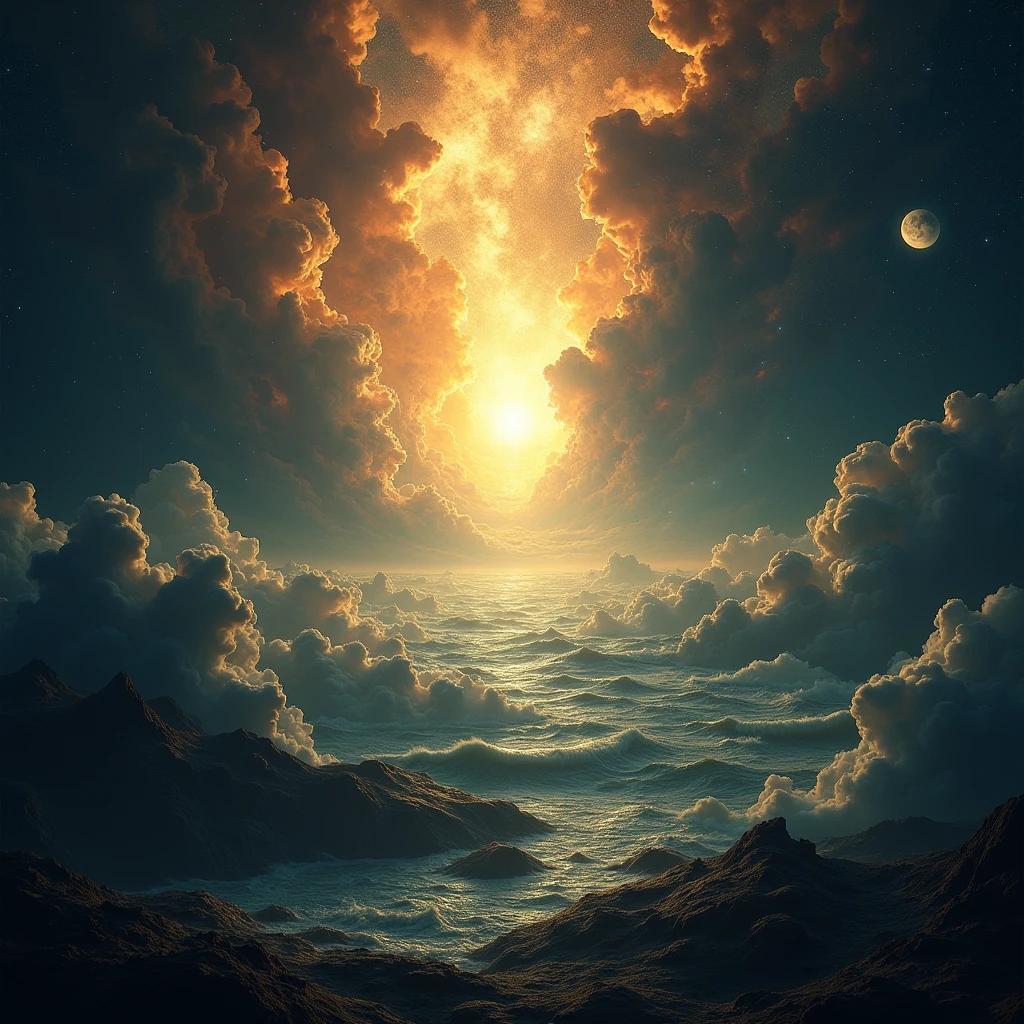 in outer space , stars , planets , constellations , galaxies 1 In the beginning God created the heavens and the earth. 2 And the earth was formless and void, and darkness was upon the face of the deep, and the spirit of God moved over the face of the waters.
3 And God said: Let there be light; and there was light. 4 And God saw that the light was good; and God separated the light from the darkness. 5 And God called the light Day, He already called the darkness Night. And there was evening and there was morning, one day.
6 Then God said: Let there be expanse in the midst of the waters, and separate the waters from the waters. 7 And God made the expanse, and separated the waters that were under the expanse, of the waters that were above the expanse. And it was like this. 8 And God called the expanse Heaven.. And there was evening and there was morning, the second day..
9 God also said: Let the waters under the heavens be gathered together into one place, and discover the dry. And it was like this. 10 And God called the dry land Earth, and the gathering of the waters he called Seas. And God saw that it was good.. 11 Then God said: Produzca the earth green grass, grass that gives seed; árbol de fruto que dé fruto according to their gender, that his seed may be in him, on the earth. And it was like this. 12 Produced, Well, the earth green grass, herb that yields seed according to its nature, and a tree that bears fruit, whose seed is in him, according to their gender. And God saw that it was good.. 13 And there was evening and there was morning, the third day.
14 Then God said: Let there be lights in the expanse of the heavens to separate the day from the night; and serve as signs for the seasons, for days and years, 15 y sean por lumbreras en la expansión de los cielos para alumbrar on the earth. And it was like this. 16 And God made the two great lights; the greater light to rule the day, and the lesser light to rule the night; He also made the stars. 17 Y las puso Dios en la expansión de los cielos para alumbrar on the earth, 18 and to rule over the day and the night, and to separate the light from the darkness