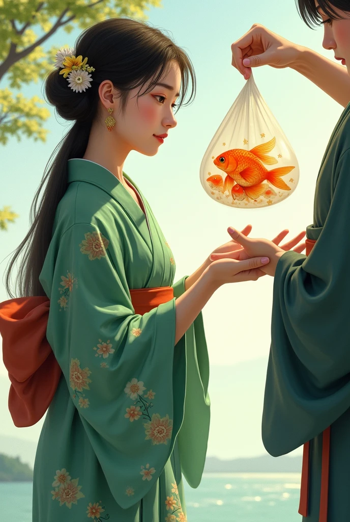 A girl in a green yukata hands a bag of goldfish to another person. (The generated image must be a side view.)