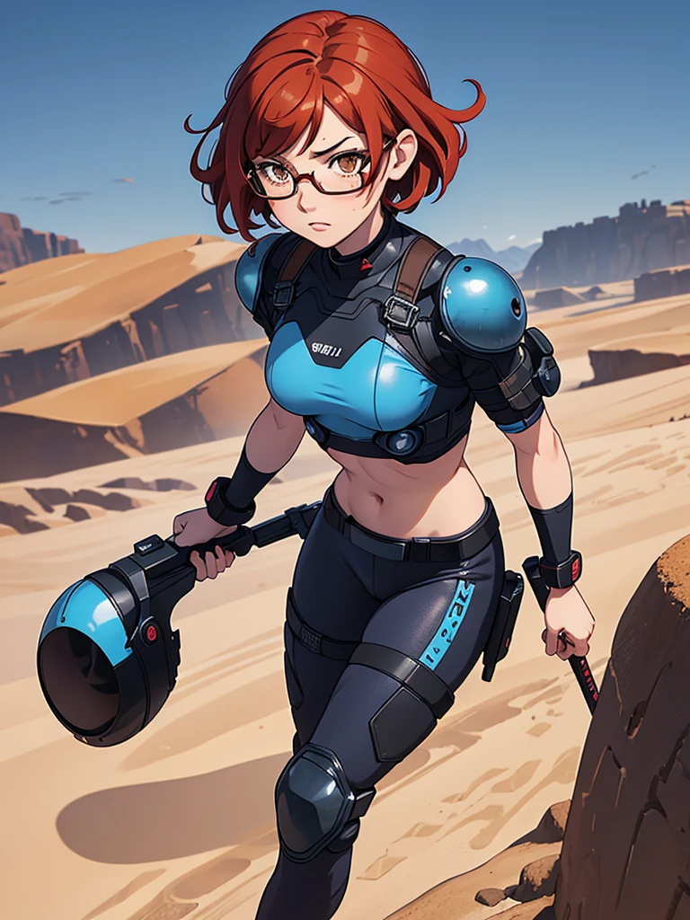 (masterpiece), (best quality), ((one girl)),alone, red hair,((brown eyes)),short curly hair, anime style, freckles, (small breast) (petite figure), blue and black cyberpunk outfit, leggings, knee pads, battle outfit, legs((desert background)), glasses