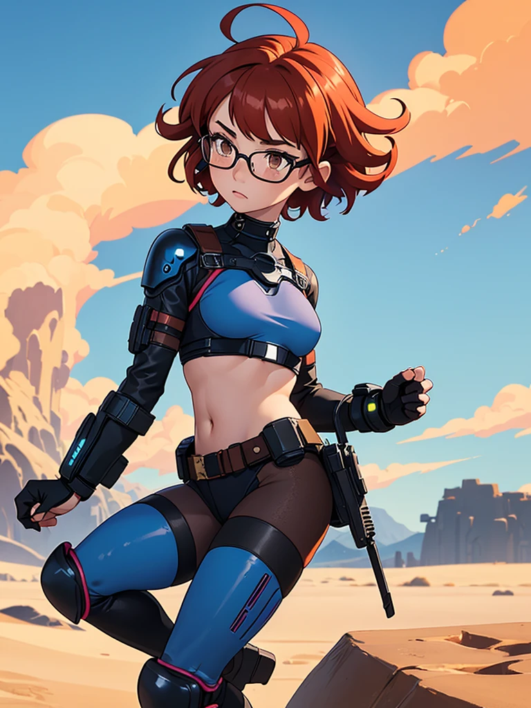 (masterpiece), (best quality), ((one girl)),alone, red hair,((brown eyes)),short curly hair, anime style, freckles, (small breast) (petite figure), blue and black cyberpunk outfit, leggings, knee pads, battle outfit, legs((desert background)), glasses