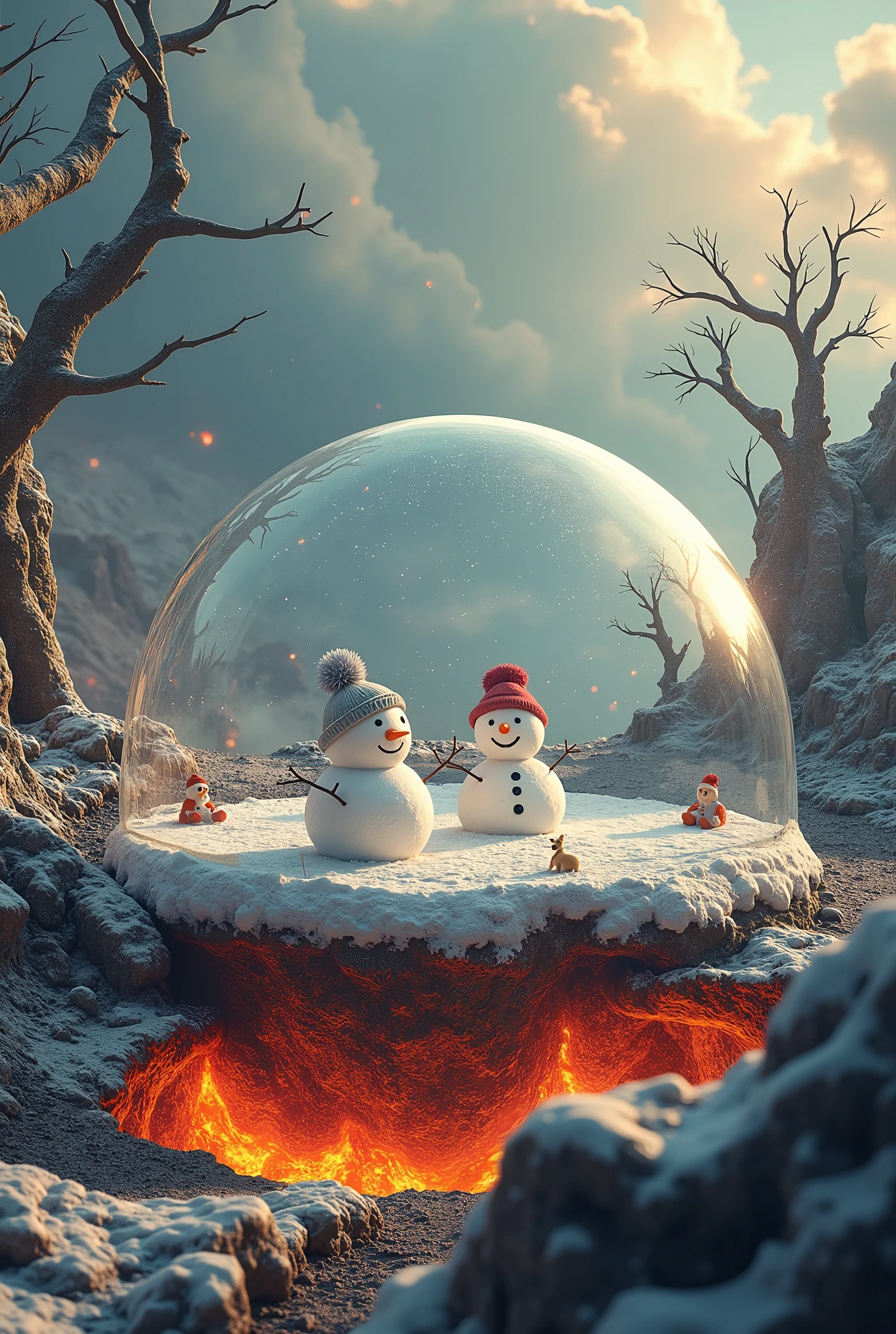 masterpiece , 8k , Flames fly、The scorching hot earth, where magma is gushing out, is littered with animal skeletons. , BREAK , Deep in the scorching earth there is a transparent hemispherical dome.。Inside the dome, snowmen are playing happily in the snowy scenery. , Just outside the dome is the scorching hot earth.、The gap is huge ,