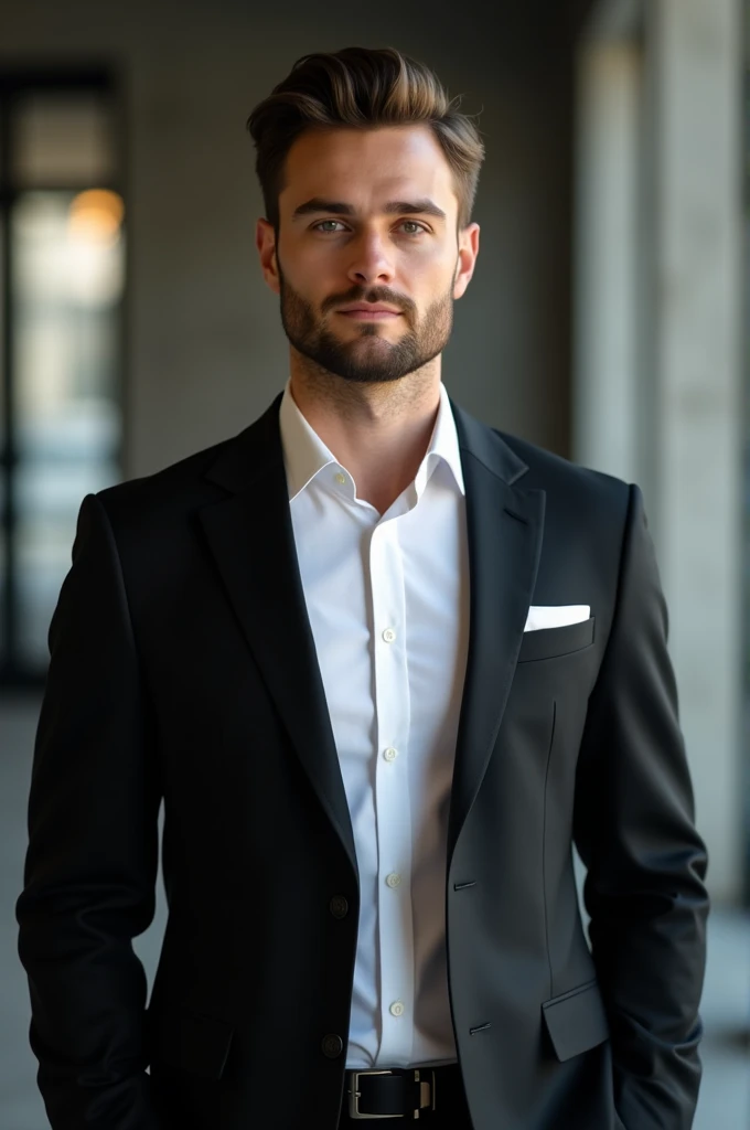 “A well-groomed 2 slim man with a neatly trimmed beard, standing confidently against a neutral or corporate background. He is wearing a black suit jacket over a crisp white shirt. His look is polished and professional, with natural lighting that highlights his youthful and sharp features. His expression is calm yet approachable, with a slight smile or neutral look, conveying both confidence and professionalism.”
