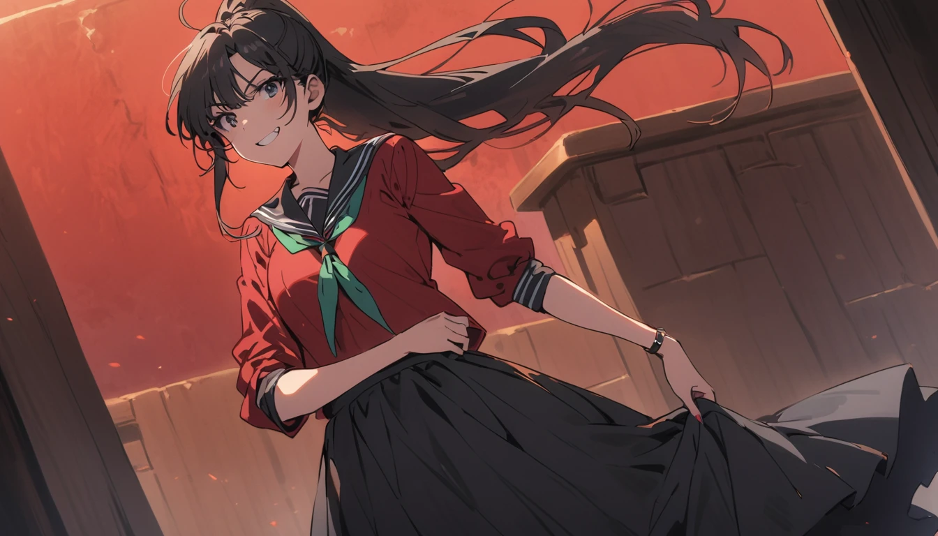 high school girl beauty Black Hair ponytail Red mesh hair smile Glare frivolous attitude Glaring at me Black Sailor Suit Long skirt Roll up your sleeves belly button Cross your arms Alley