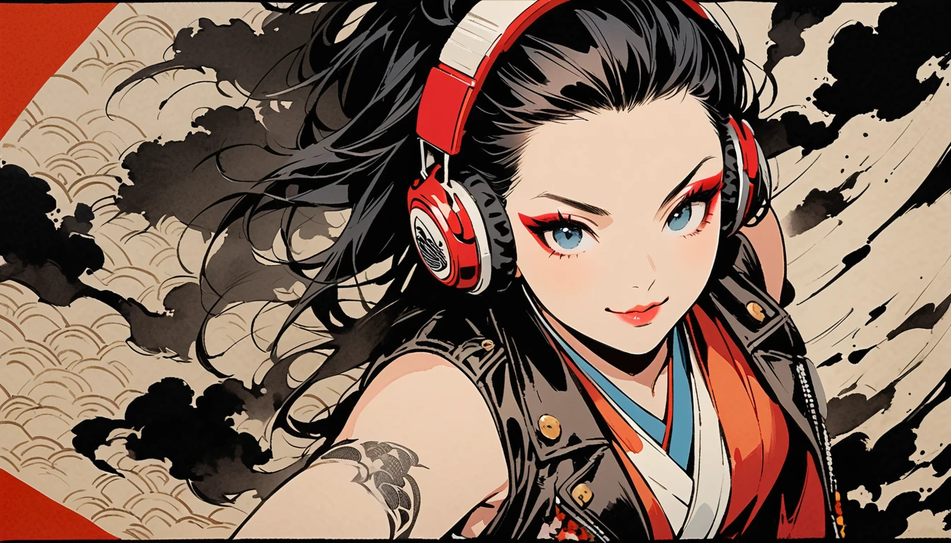 (((Ink Painting))), (((from above))), (((1 female))), (((Leather jacket with Japanese patterns))), (((20-year-old))), (((Very flashy makeup))), Japanese style headphones, devil, peace fingers, Japan人の美少女, Black Hair, Delicate and precise, Modern ukiyo-e style,Japan, Droopy eyes, round face, smile, Fuller lips, Red and Blue