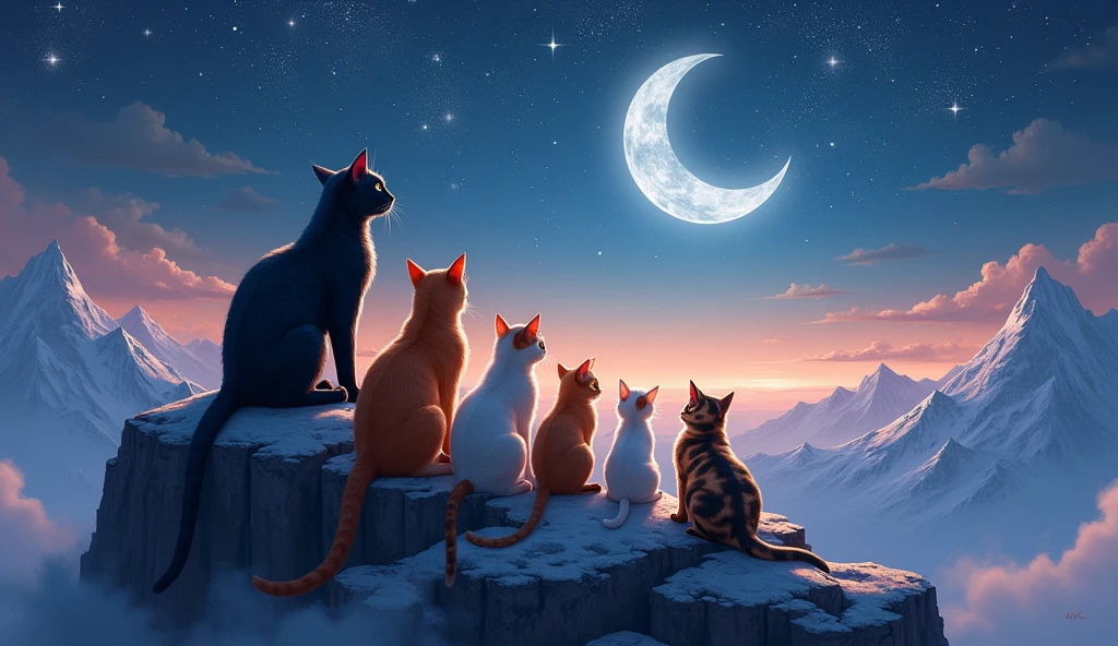 Give me a group of cats of different colors in astral time with a sky full of stars and a beautiful moon, they are on top of a mountain looking at the moon