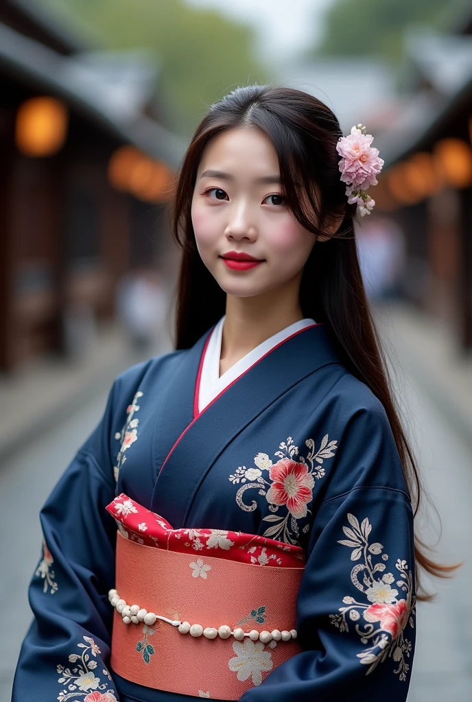 2 Japanese woman、Dark blue kimono with floral pattern、The whole body is shown、The eyes are double、Long Hair、Not facing forward Japan、Kyoto temple road、Being photographed、Photographer style