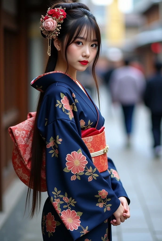 2 Japanese woman、Dark blue kimono with floral pattern、The whole body is shown、The eyes are double、Long Hair、Not facing forward Japan、Kyoto temple road、Being photographed、Photographer style