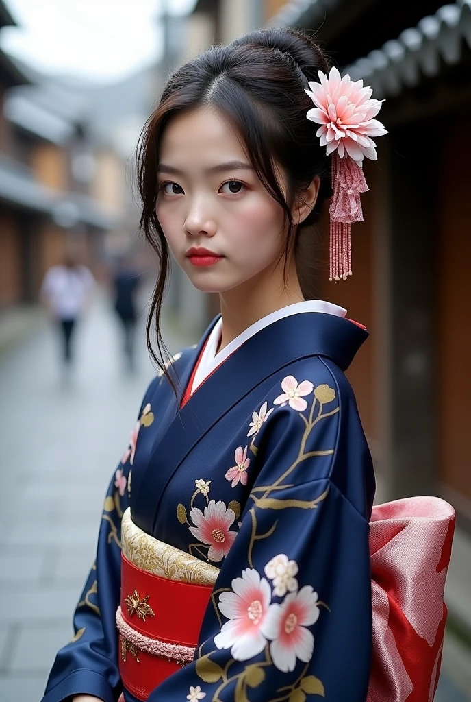 2 Japanese woman、Dark blue kimono with floral pattern、The whole body is shown、The eyes are double、Long Hair、Not facing forward Japan、Kyoto temple road、Being photographed、Photographer style
