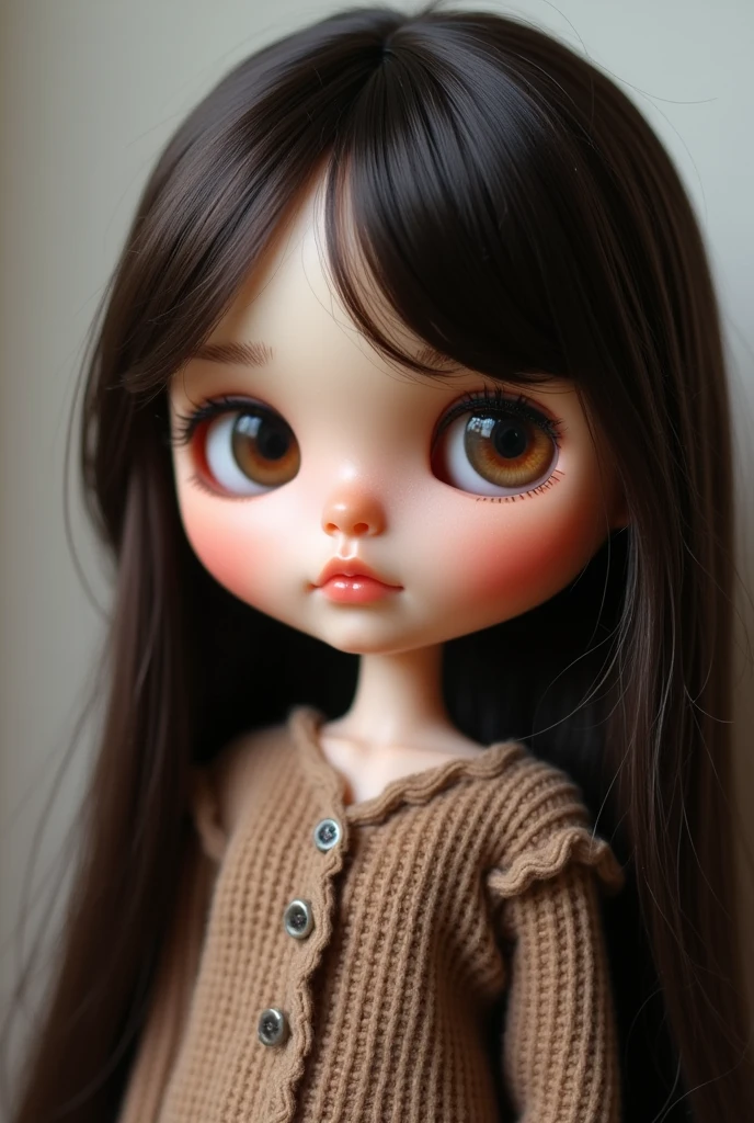 Half Asian and German Blythe doll with black hair at the cone of the hair, dark brown hair, dark brown eyes, long shoulder length hair, no freckles , wide face with cheeks but not fat. Middle length hair, middle body size M, no bangs