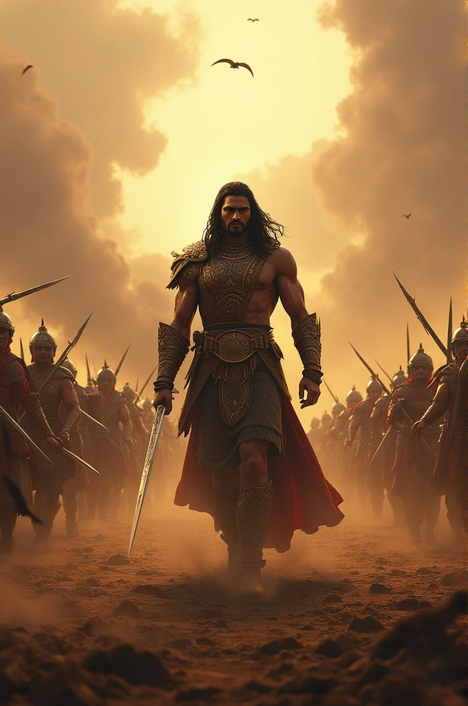 An indian warrior karna in battle field facing hundreds of warriors