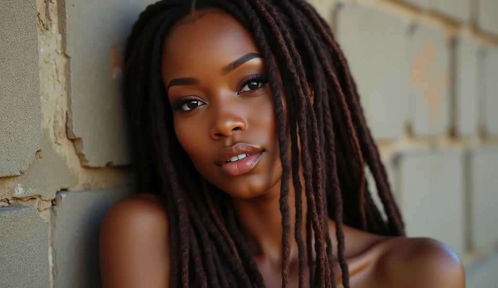 A stunningly beautiful dark skinned complexion African American woman with long brown dreadlocks with highlights on the ends isitting alone in the dark looking sexy & sensual, realistic, photorealistic