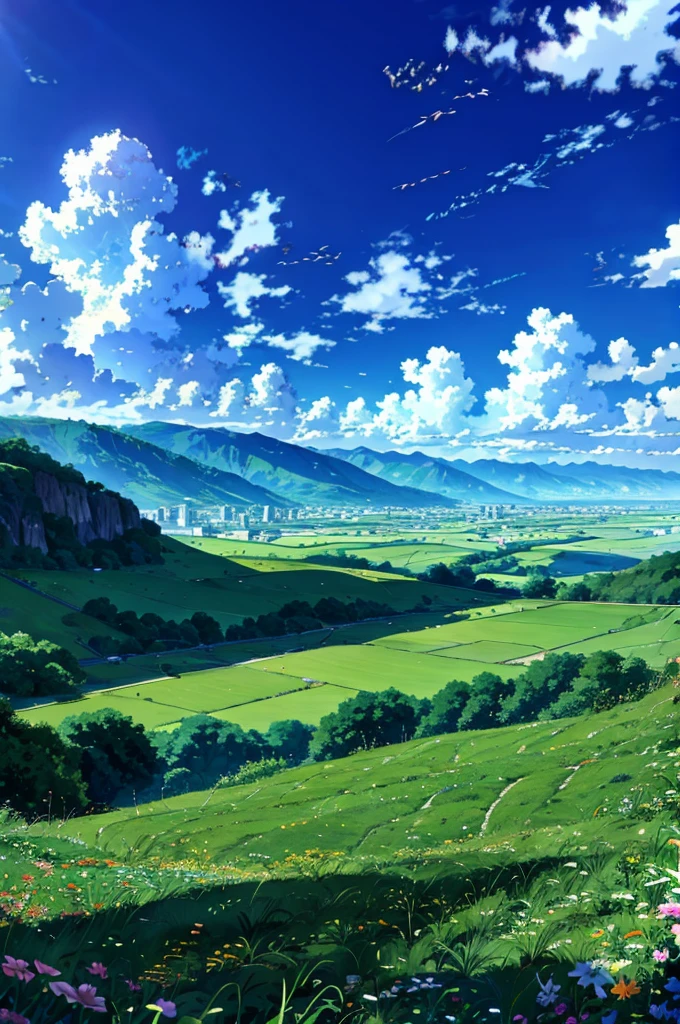kids flying kites in the evening, detailed clouds, field, cows grazing, flowers, houses at distance, fences