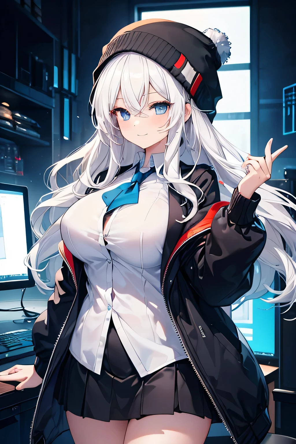 masterpiece, high quality, a beautiful woman working in front of a computer, Long hair, wavy hair, White hair, blue eyes, smiling face, big breasts, juicy breasts, Open shirt, short skirt, black jacket, black beanie hat, Whole body , background of a computer center