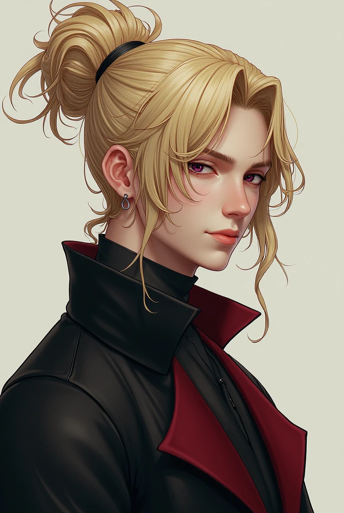 Tall man with wavy blond hair,long,tied in a tall onion,with locks and bangs out,not too thin,not very fat,wine eyes,clear skin