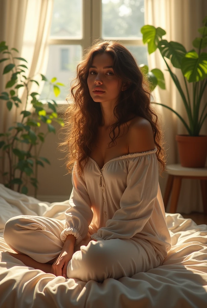 (photorealism:1.2), beautiful woman, sitting on bed, wearing loose off-shoulder top, pajama pants, long curly hair, indoors, soft lighting, plants in background, window with sunlight, cozy room, relaxed pose, realistic, intricate details, warm colors, by Greg Rutkowski, by Alphonse Mucha