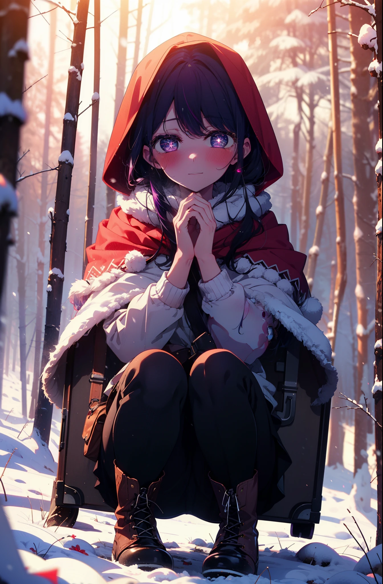 aihoshino, Ai Hoshino, Long Hair, bangs, (Purple eyes:1.1), Purple Hair, (Symbol-shaped pupil:1.5), smile,,smile,blush,white breath,
Open your mouth,snow,Ground bonfire, Outdoor, boots, snowing, From the side, wood, suitcase, Cape, Blurred, , forest, White handbag, nature,  Squat, Mouth closed, Cape, winter, Written boundary depth, Black shoes, red Cape break looking at viewer, Upper Body, whole body, break Outdoor, forest, nature, break (masterpiece:1.2), Highest quality, High resolution, unity 8k wallpaper, (shape:0.8), (Beautiful and beautiful eyes:1.6), Highly detailed face, Perfect lighting, Extremely detailed CG, (Perfect hands, Perfect Anatomy),
