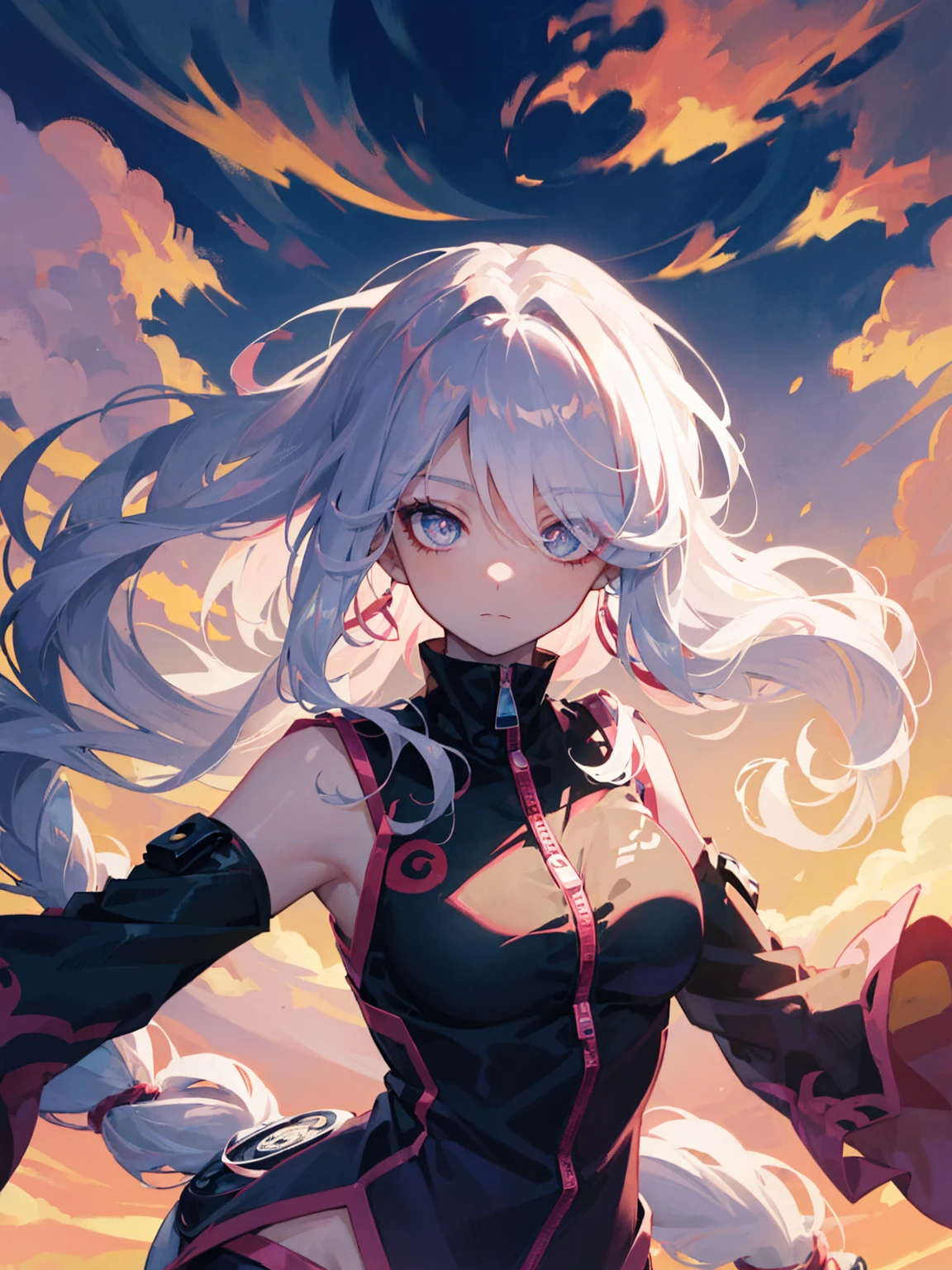anime gir long hair, anime visual of a cute girl, anime style. 8k, pin on anime, anime vibes, anime style 4 k, anime moe artstyle, anime aesthetic, anime girl desktop background, anime visuals, anime girl with real hair, ethereal anime, anime girl with long hair, beautiful anime portrait , anime , naruto, naruto anime, sharingan background, night time, dark, sharingan, wearing naruto headband, zipper, open zipper, high collared suit, (cloud pattern:1.3), (red clouds:1.3), (exquisite details), (red garments), no sleeve, sleeveless, (extremely long hair:1.4), (long wavy hair:1.4), detailed collarbone, perfect collarbone, perfect breasts, round breasts, dynamic pose, perfect body, perfect anatomy, detailed iris, sparkle eyes, star in eyes, enchanting red eyes, (multicolored eyes), (pink hair:1.3), (long hair:1.3), (hair between eyes), (hair over one eye:1.3), (floating hair:1.3)